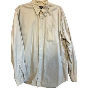 Lands End L Mens Long Sleeve Button-Down Shirt Size L Beige Cotton Heavy warm